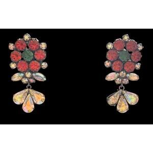 VENDOME Root Beer AB & Green Rhinestone Dangling Vintage Clip Earrings 2" Long